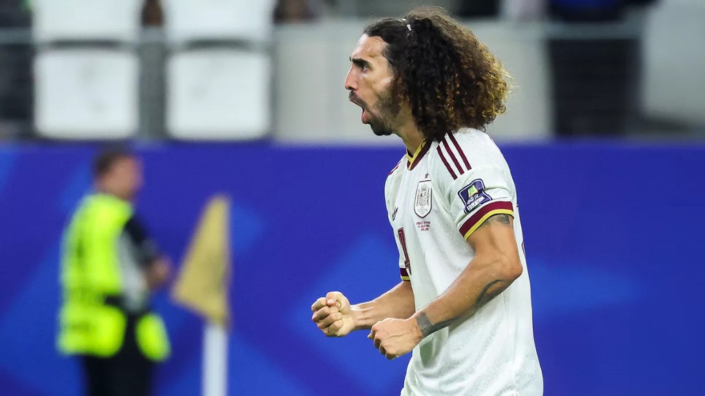 Marc Cucurella celebrating for Spain in the Euro 2024 semi-final against France
